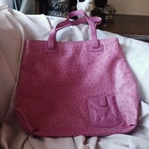 Signed Olsen leather tote bad.  Light rosy-pink, embossed ostrich print.